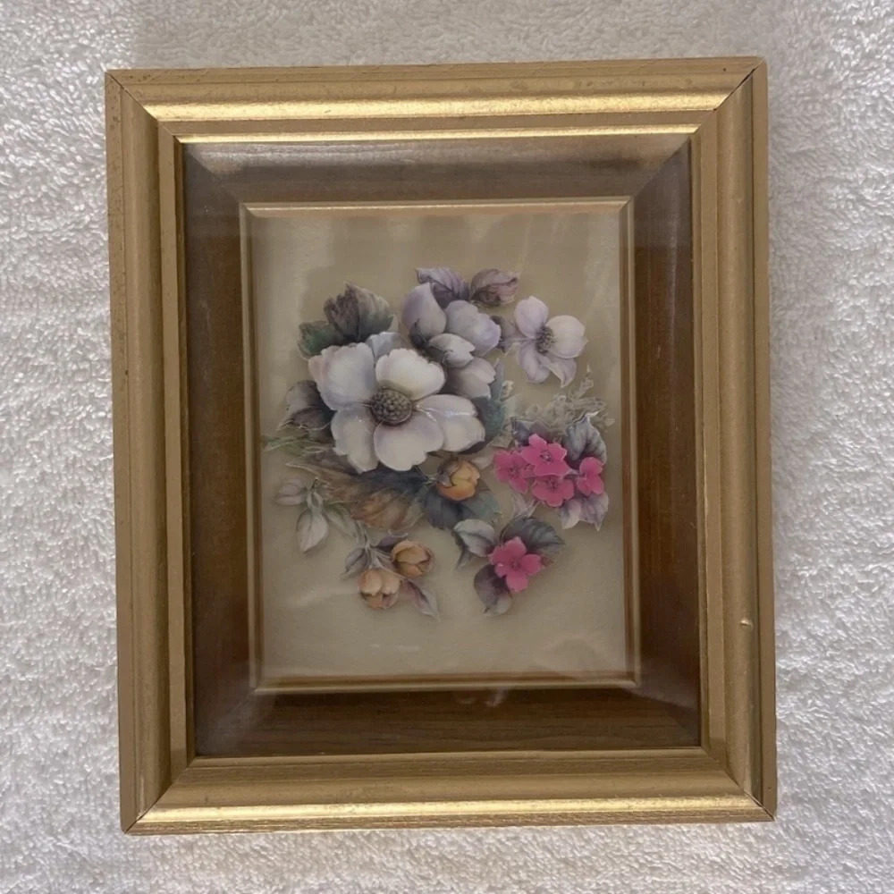 Vintage Framed Handmade 3D  Flowers Paper Tole Art Cottagecore Grannycore